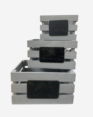 Set 3 cassette in legno grigio con lavagnetta
