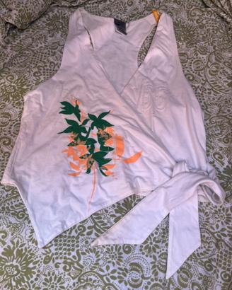 Top cotone bianco con disegno verde e arancione