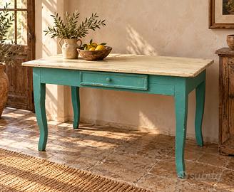 Tavolo vintage azzurro con cassetto e gambe curve