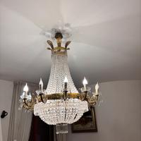 Lampadario stile impero in ottone e cristallo