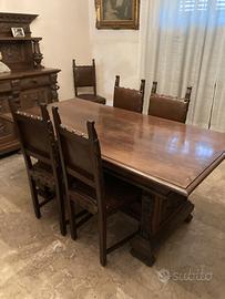 Tavolo da pranzo antico in legno noce + 6 sedie