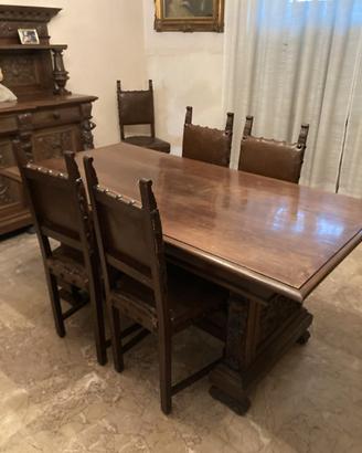 Tavolo da pranzo antico in legno noce + 6 sedie