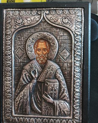 Icona Sacra San Nicola in Argento 950 e Legno 