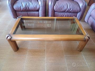 Tavolino salotto vintage in legno e cristallo fumè