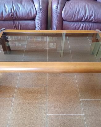 Tavolino salotto vintage in legno e cristallo fumè