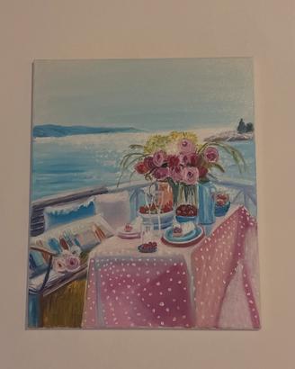 Quadro mare e fiori romantico su tela