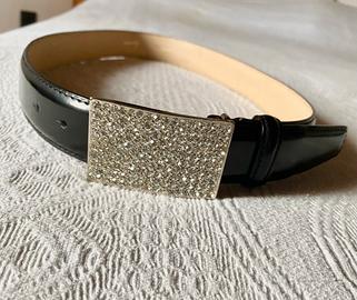 Cintura in pelle nera, fibbia con brillantini