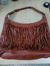 kocca con frange pelle marrone 