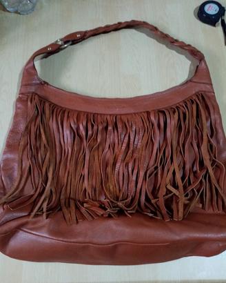 kocca con frange pelle marrone 