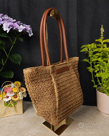 Borsa shopper rafia cammello manici cuoio ~ Nuova