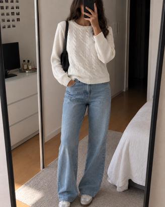 Pull Zara Knit bianco cotone trecce tg M