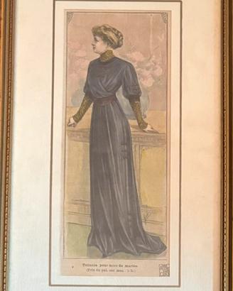 Antica stampa di moda francese con vetro e cornice