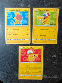 Lotto 3 carte Pikachu di Ash SM109, SM112, SM114