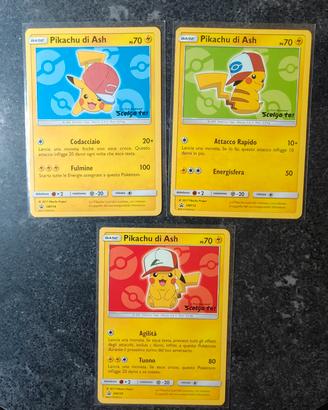 Lotto 3 carte Pikachu di Ash SM109, SM112, SM114