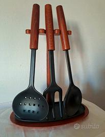 Set 3 utensili cucina vintage supporto legno nuovo