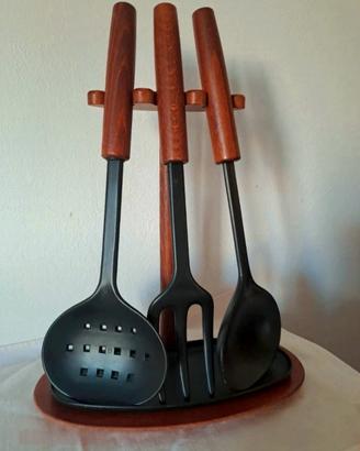 Set 3 utensili cucina vintage supporto legno nuovo
