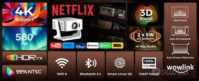 Proiettore 4K con WiFi 6 e Bluetooth 5.4, HDR10+ &
