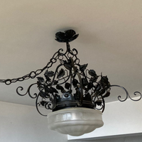 Coppia Lampadari d'Epoca Ferro Battuto e Vetro