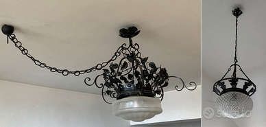 Coppia Lampadari d'Epoca Ferro Battuto e Vetro