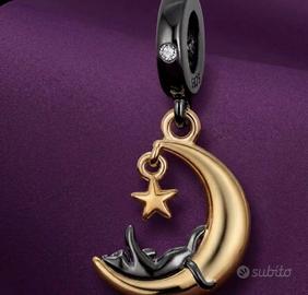 Charm Pendente Gatto su Mezzaluna Argento S925