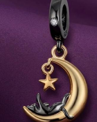 Charm Pendente Gatto su Mezzaluna Argento S925