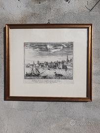 incisione  antica "veduta di cadice"