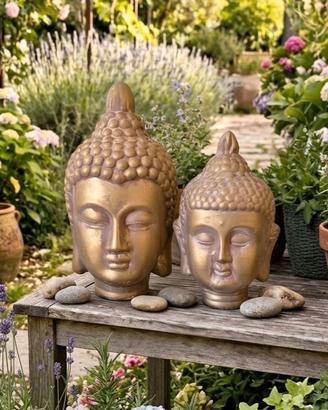 2 Teste Buddha Oro/Anticato (Altezza: 25 e 20 cm)