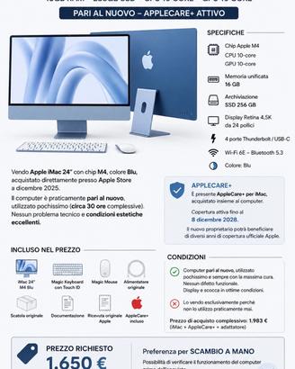 iMac 24” M4 Blu – 16GB RAM / 256GB SSD + APPLECARE