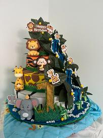 Torta finta tema giungla ,compleanno un anno