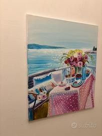 Quadro dipinto a mano mare e fiori romantico