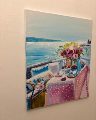 Quadro dipinto a mano mare e fiori romantico