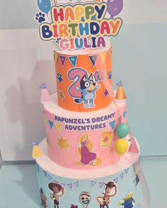 torta finta compleanno Toy Story/Rapunzel/Bluey 