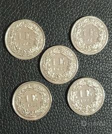 Lotto 5 monete svizzere da 1 Franco del 1975-1985
