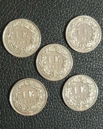 Lotto 5 monete svizzere da 1 Franco del 1975-1985