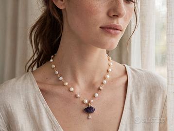 Girocollo in argento 925, ottone, ametista e perle