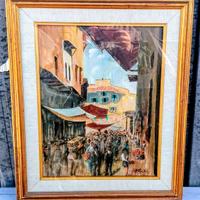 Quadro con mercatino dipinto a mano su tela a olio