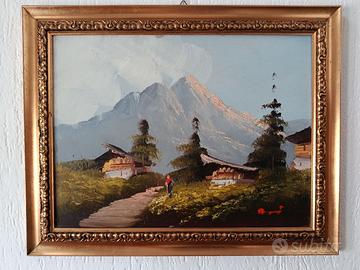 Quadro a olio paesaggio alpino con cornice dorata
