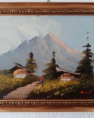 Quadro a olio paesaggio alpino con cornice dorata