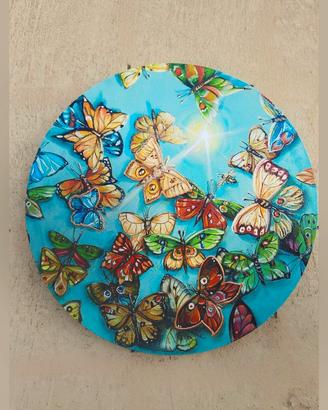 Quadro dipinto a mano rotondo con farfalle, 30 cm
