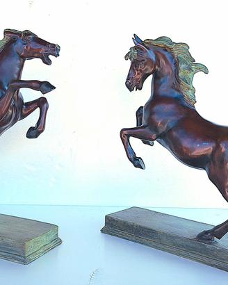 Rara Coppia di Grandi Cavalli Rampanti in Bronzo