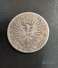 Moneta 1 lira 1905 Argento Molto rara