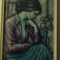 Quadro Donna Pensante Blu Stampa Ritratto fiori