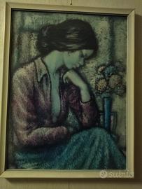 Quadro Donna Pensante Blu Stampa Ritratto fiori