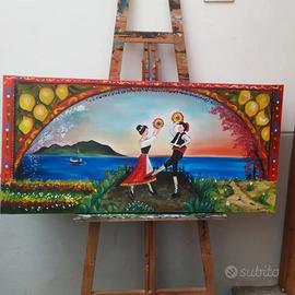 Quadro dipinto tarantella carretto siciliano 