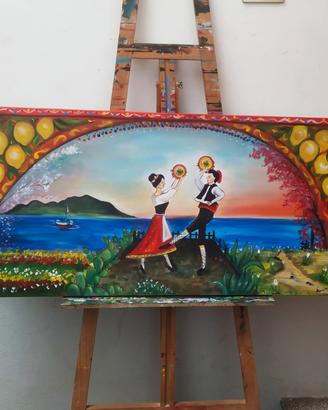 Quadro dipinto tarantella carretto siciliano 