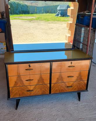 comò vintage in legno con specchio e vetro anni 50