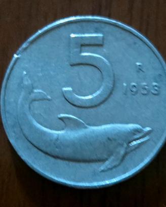 5 LIRE DEL 1953 - MONETA MOLTO RARA