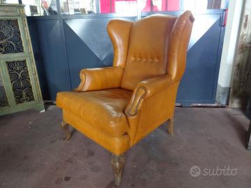 Poltrona bergere Inglese Vintage in pelle