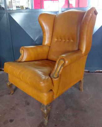 Poltrona bergere Inglese Vintage in pelle
