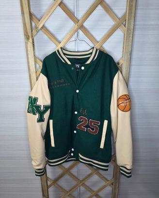 Zara Varsity Jacket College Verde e Crema